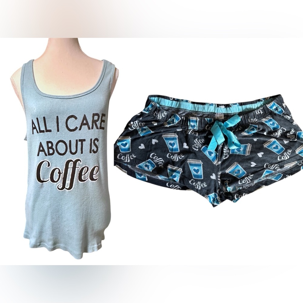 2-PC SET: Pretty Blue “ALL I CARE ABOUT IS COFFEE” Women’s Pajama Shorts Set, 3X